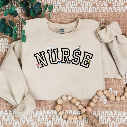 Black-NURSE-Varsity- Kawaii-Characters -Cozy Sweatshirt