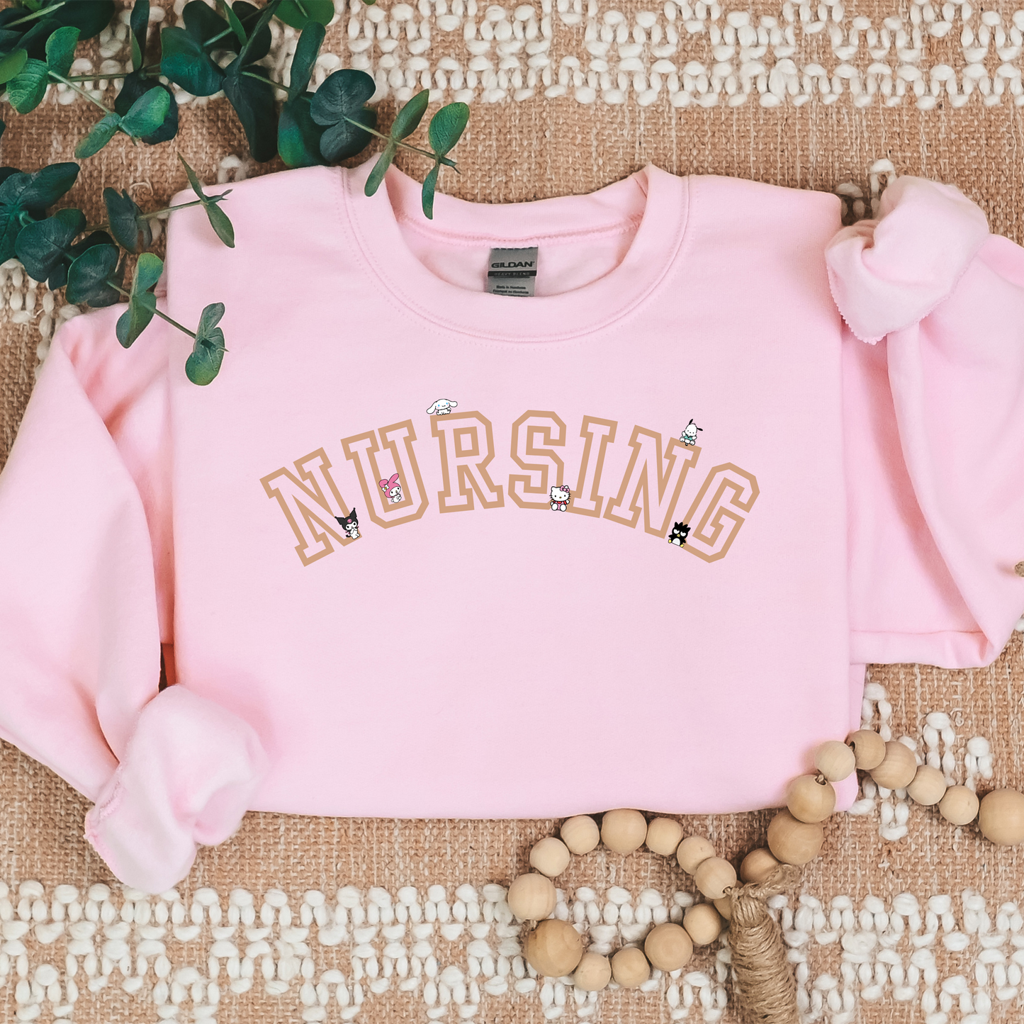 Tan-NURSING-Varsity- Kawaii-Characters -Cozy Sweatshirt