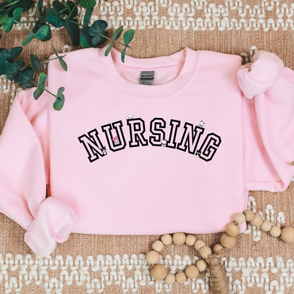 Black-NURSING-Varsity- Kawaii-Characters -Cozy Sweatshirt