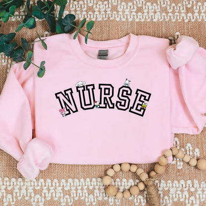 Black-NURSE-Varsity- Kawaii-Characters -Cozy Sweatshirt