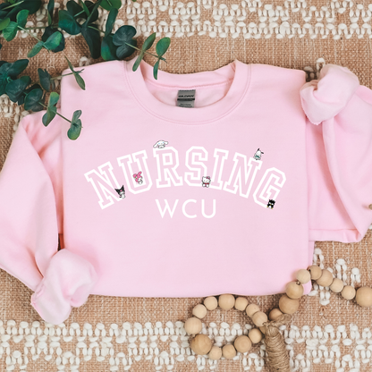 White-WCU-Nursing- Kawaii-Characters -Cozy Sweatshirt