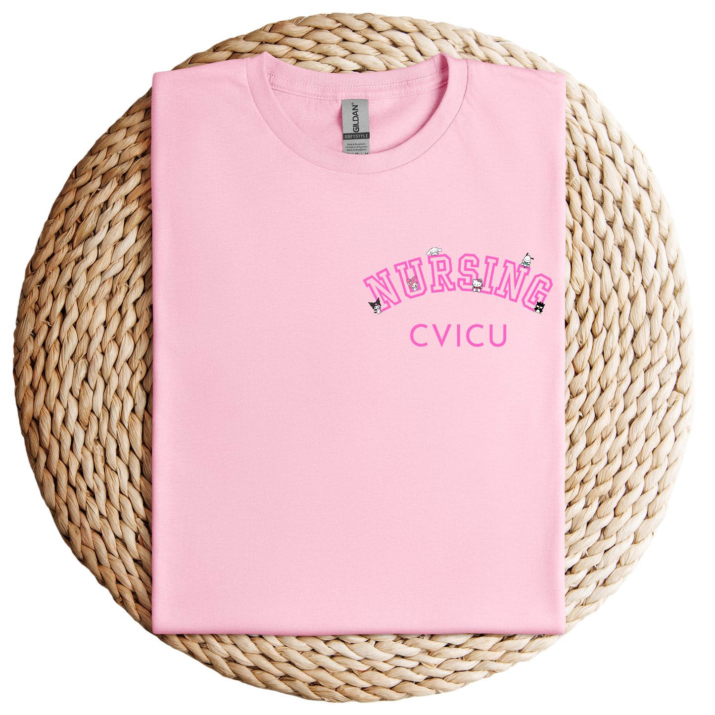 Pink-Nursing CVICU-Pocket-Kawaii-Characters-Soft Tee Shirt