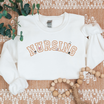 Tan-NURSING-Varsity- Kawaii-Characters -Cozy Sweatshirt