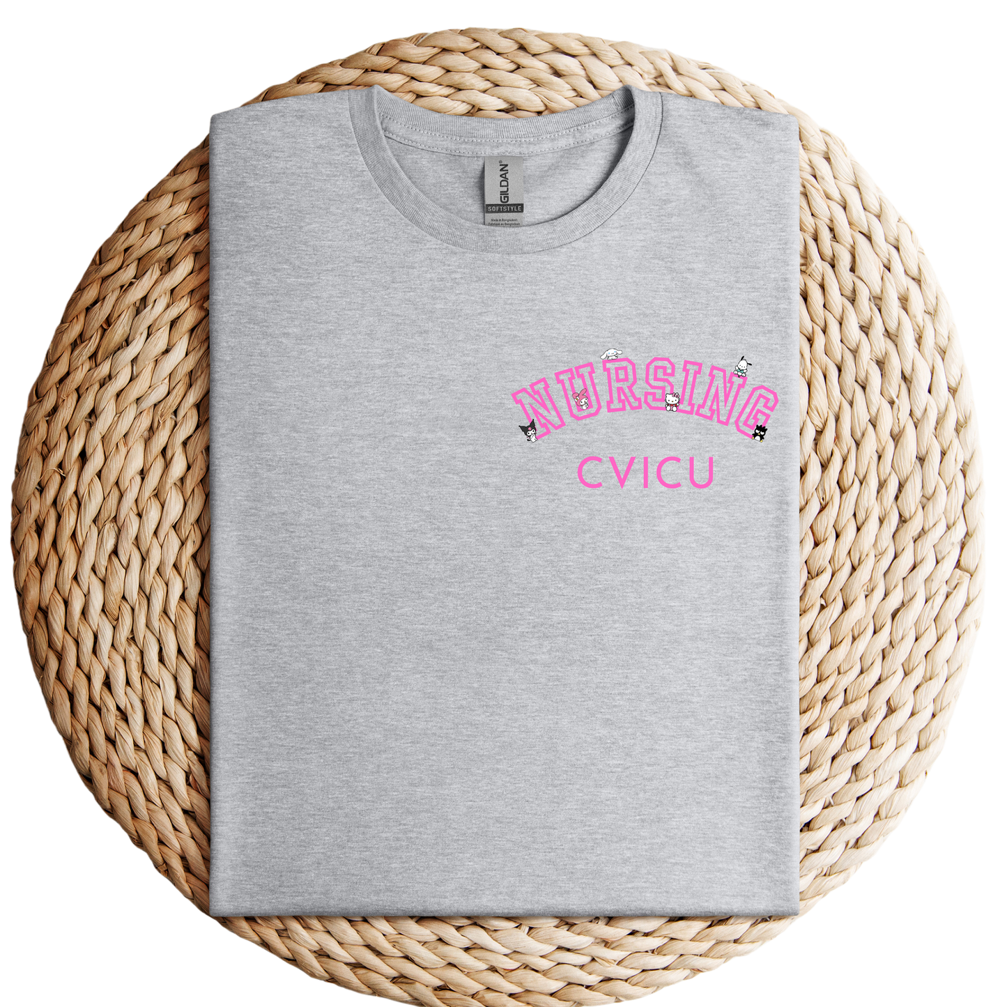 Pink-Nursing CVICU-Pocket-Kawaii-Characters-Soft Tee Shirt