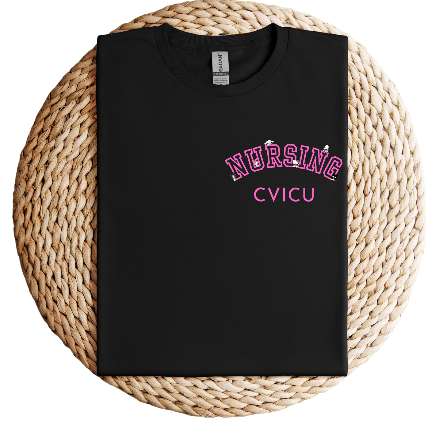 Pink-Nursing CVICU-Pocket-Kawaii-Characters-Soft Tee Shirt