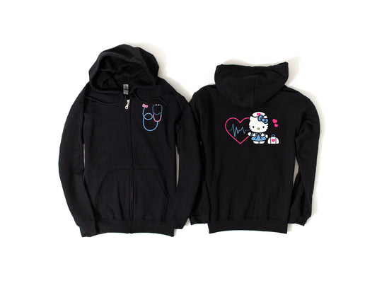 Zip Up Hoodie- Hot Pink Medical Kitty Nurse Cozy Sweater