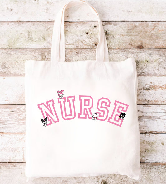 Pink Nurse Varsity-Kitty and Friends- Flat Tote Bag